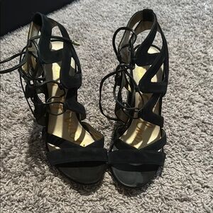Sam Edelman Black Strappy Heels with Lace-Up Ankle